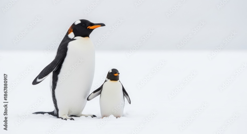 Fototapeta premium Two penguins standing in the snow.