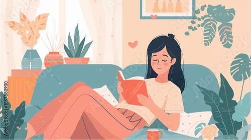 A young woman relaxing on a cozy sofa, engrossed in reading a book in a plant-filled, warm-toned living room.