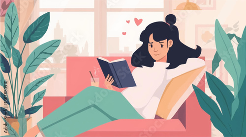 A young woman relaxing on an armchair, reading a book and enjoying a drink in a cozy room filled with plants.