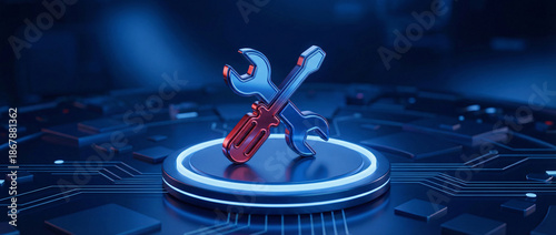 3D wrench crossed tools on circuit. Red blue metallic wrench repair service digital tech background.