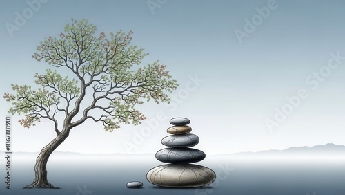 Zen stones stacked by a tree under a serene sky, symbolizing balance and tranquility
