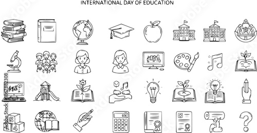 International Day of Education Icons: Black and White Line Art Symbols for Learning and Knowledge