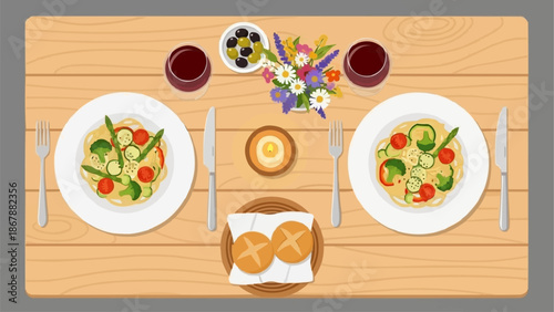 Romantic Dinner Table Setting for Two with Food and Drinks.