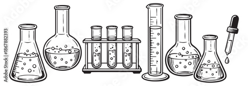 Hand drawn line art laboratory glassware set featuring flasks, test tubes, a graduated cylinder, and a dropper for scientific experiments