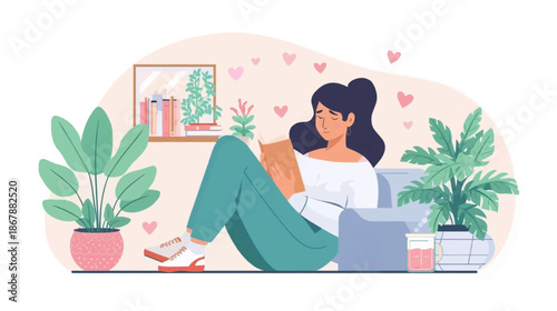 A young woman relaxing at home, sitting on the floor and reading a book surrounded by houseplants and floating hearts.