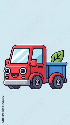 Cartoon red truck with green leaf.