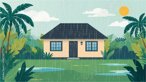 A cartoon illustration of a single-story house surrounded by lush tropical plants and palm trees during a rainy day with puddles on the grass and the sun in the sky.