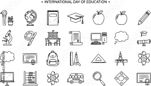 Black and white line art icons of educational symbols for International Day of Education, including school supplies, books, and graduation cap.