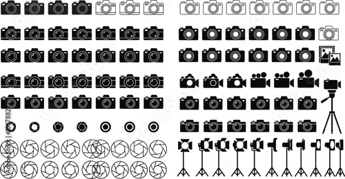 Photography and videography icon set with cameras, lenses, tripods, and lighting gear in black and white vector styles.
