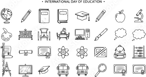 International Day of Education Icons - Black and White Line Art Collection of School Supplies and Symbols