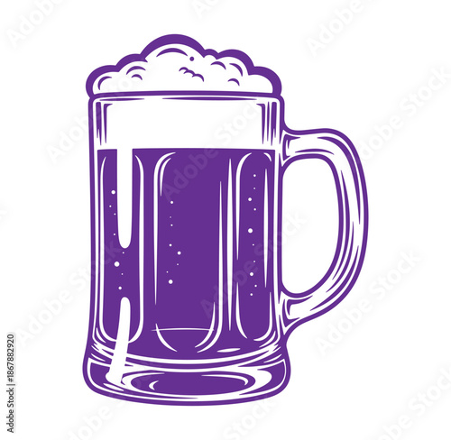 A stylized purple beer mug filled with refreshing ale and frothy foam on white