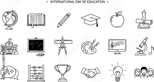 International Day of Education Line Art Icons Set. Hand-drawn Black and White Doodle Symbols for School, Learning, Academic Subjects, and Knowledge Concepts.