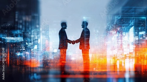 Two men shaking hands in a cityscape