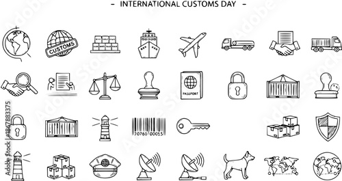 International Customs, Global Trade, and Logistics Hand-drawn Line Art Icon Set. Doodle sketch collection of symbols for shipping, travel, transportation, and border security services.
