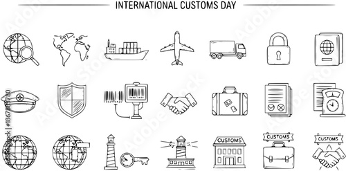 Hand-Drawn Black and White Line Art Icons Set for International Customs Day. Doodle Sketch Collection for Global Trade, Logistics, Travel, and Border Security