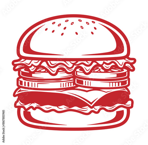 Delicious and detailed red line art illustration of a classic gourmet hamburger