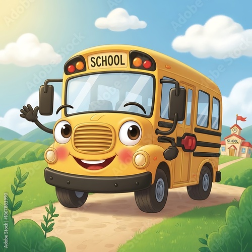 Smiling cartoon school bus on road.