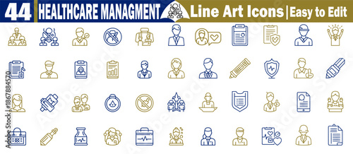 Healthcare management line art icons, easy to edit for medical services and health care vector illustration.