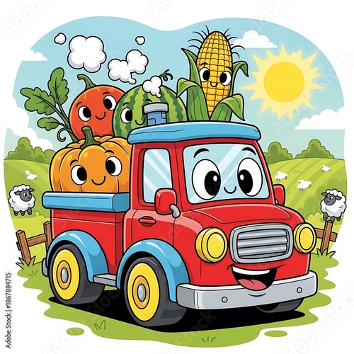Smiling cartoon truck with vegetable cargo.
