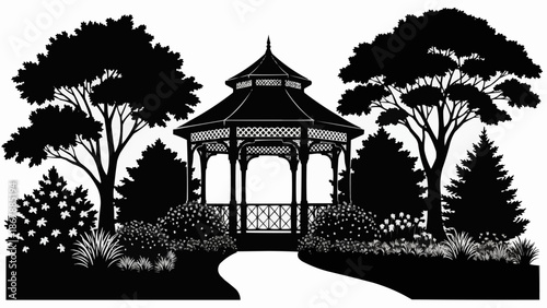 Gazebo in a garden with trees and bushes silhouette.