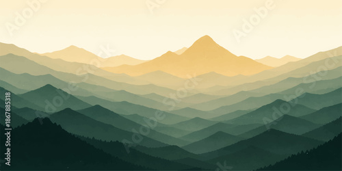 Misty blue mountain range silhouette under a morning sunrise sky with fog rolling through the valley forest and peaks