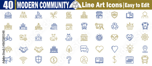 Social neighborhood and public infrastructure line art icons for city planning design vector illustration.