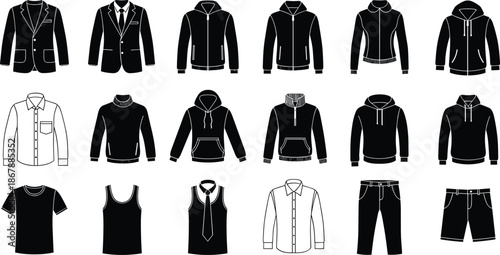 Silhouette grid of men’s clothing including hoodies, shirts, jackets, pants, and shorts, ideal for fashion design and wardrobe planning.