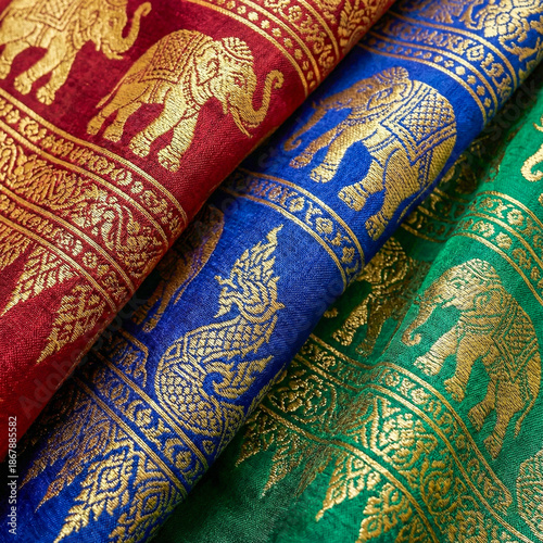 Thai silk fabric featuring elegant gold elephant motifs and classic borders on layered red, royal blue, and emerald green cloth