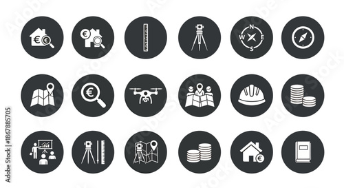 Set of construction and surveying icons in black circular backgrounds for engineering and mapping concepts.