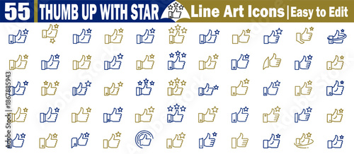 Thumb up like sign with star rating hand gesture, minimal outline vector icon set.
