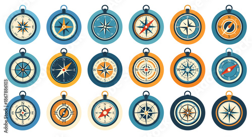 Collection of vintage style compass icons in various colors and designs.