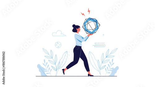 Businesswoman carefully carrying a complex, glowing geometric shape, symbolizing the challenge of managing a difficult project or finding a solution.