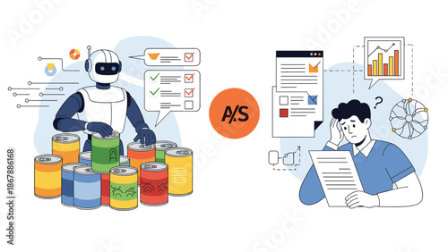 Comparison of AI-powered automation versus manual human work, showing a robot sorting cans efficiently and a stressed man reviewing documents.