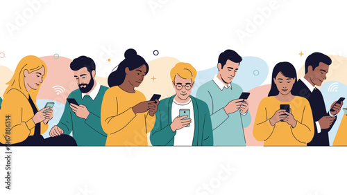 Diverse group of people standing in a row, each individual engrossed in their own smartphone, representing modern digital communication.