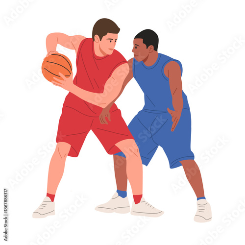 Flat vector illustration set showing two male athletes dribbling, defending, jumping, shooting, blocking, and rebounding the ball. Concept of basketball match, teamwork, sport competition, training