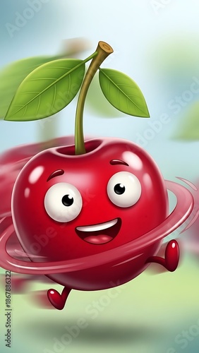 Smiling cartoon cherry in space orbit.