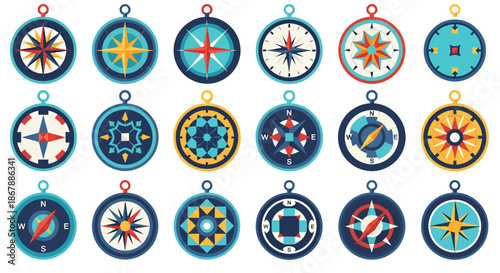 Collection of colorful vector compass icons with various unique designs and patterns.