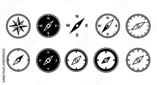 Set of ten different black and white compass icons with various needle and border designs.