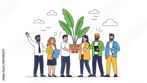 Business team collaboratively receiving a large potted plant, symbolizing corporate social responsibility, growth, and a green business environment.