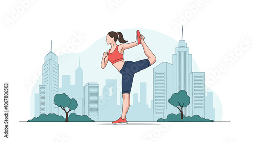 Young woman in sportswear practicing a yoga stretching pose in a city park with a modern skyscraper skyline in the background.