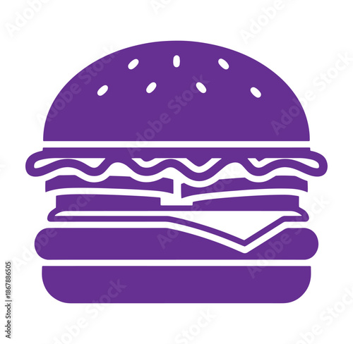 Simple purple illustrated graphic of a classic hamburger with sesame seed bun ingredients