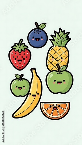 Smiling cartoon fruits arrangement illustration.