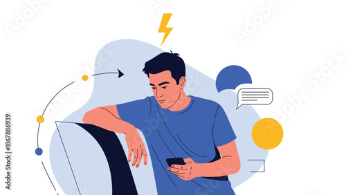 Sad young man leaning against a wall and looking at his smartphone, feeling lonely or upset by a message he received.