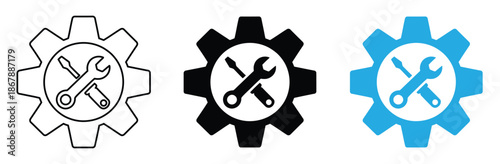 Gear icons with tools for maintenance and repair services,Settings, icon set. Containing options, configuration, preferences, adjustments, operation, gear, control panel, equalizer, management,