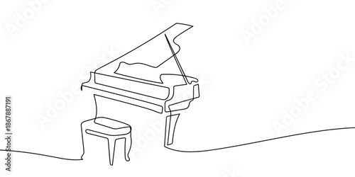 A continuous line on a transparent background a piano musical instrument. in single line art illustration. Editable stroke.