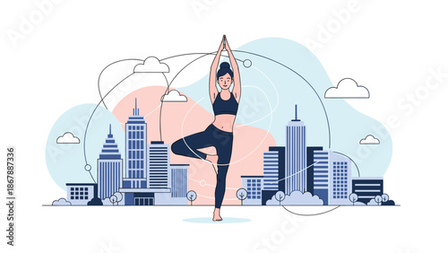 Young woman practicing the tree pose in yoga against a stylized background of a modern city skyline with tall skyscrapers.