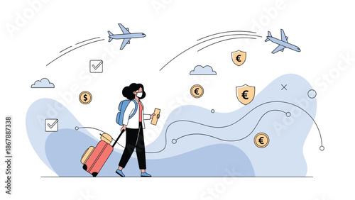 Woman wearing a face mask and pulling a suitcase at an airport, illustrating safe travel and tourism with flight paths and currency symbols.