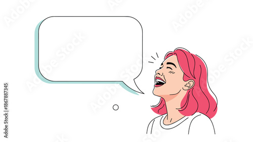Happy young woman with pink hair laughing out loud with a large, empty speech bubble next to her for custom text.