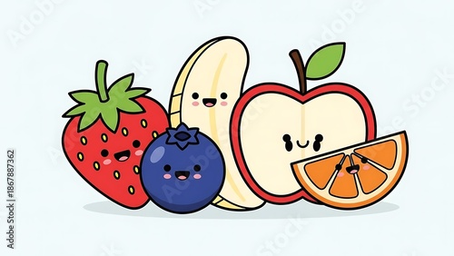 Cartoon fruits with smiling faces together.