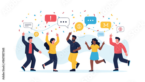 Diverse group of happy people dancing and celebrating at a party under falling confetti, with various social media icons floating around.